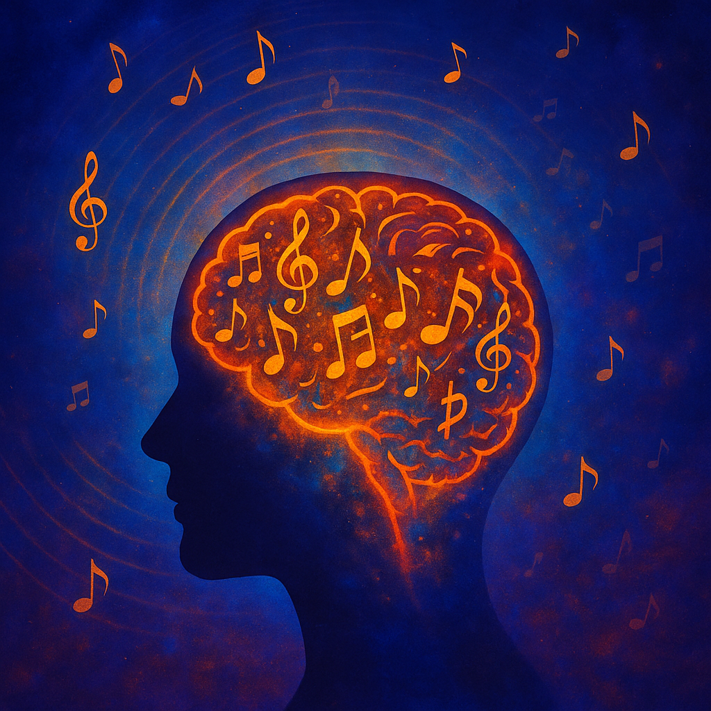 Diseño visual que ilustra notas musicales alrededor de una cabeza humana